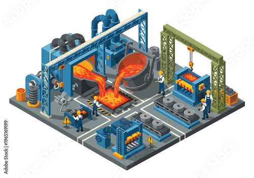 Isometric 3D view vector illustration of steel manufacturing plant with furnace, cranes and heavy machinery in organized metal production industrial facility