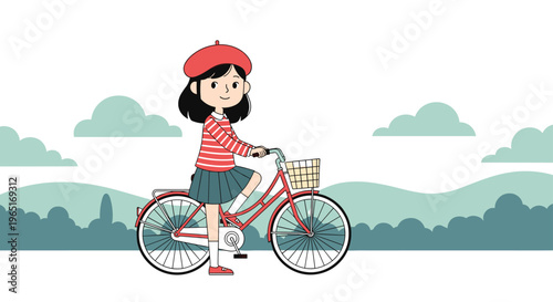 Young girl with a red beret riding a vintage red bicycle with a basket through a scenic green park landscape with clouds.