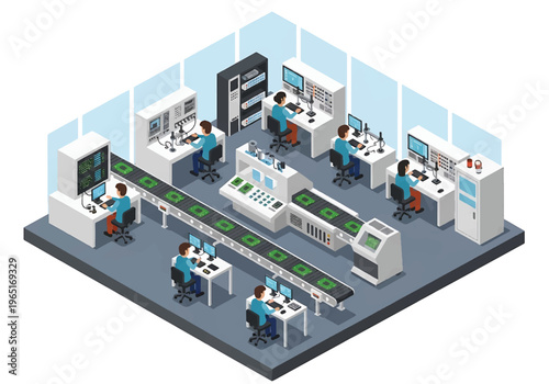 Isometric 3D view vector illustration of electronics factory with circuit board assembly line, testing stations and workers in high tech production environment