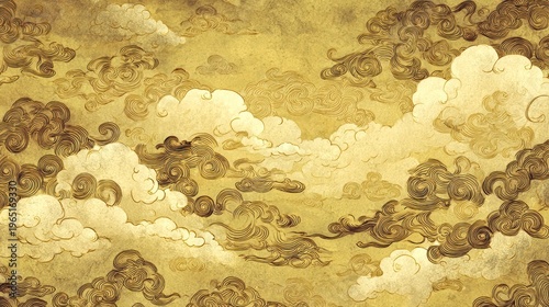 浮き彫り状の金の祥雲と唐草文様、伝統的な吉祥パターン