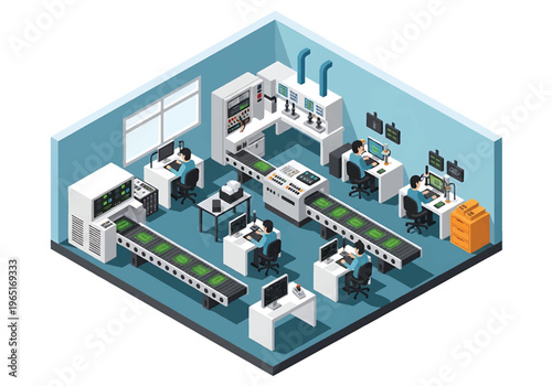 Isometric 3D view vector illustration of electronics factory with circuit board assembly line, testing stations and workers in high tech production environment