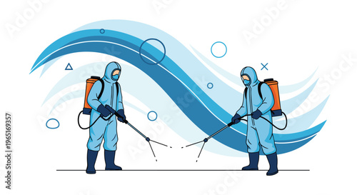 Two workers in protective suits using high-pressure sprayers to disinfect surfaces against a blue abstract wave background.