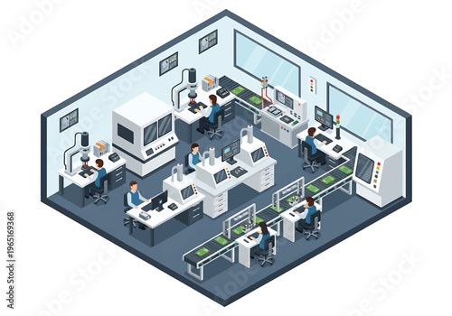 Isometric 3D view vector illustration of electronics factory with circuit board assembly line, testing stations and workers in high tech production environment