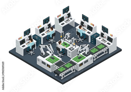 Isometric 3D view vector illustration of electronics factory with circuit board assembly line, testing stations and workers in high tech production environment