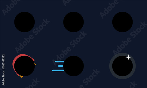 Hand-drawn abstract black spheres featuring colorful motion trails and glowing effects on a dark blue background authentic illustration