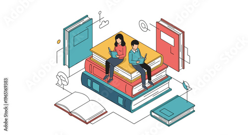 Students sitting on a giant stack of books and reading in an isometric illustration representing higher education and learning.