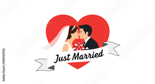 Just married wedding card with a bride and groom kissing in front of a large red heart and elegant white ribbon banner.
