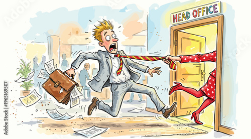 Cartoon Illustration of a Man Running Late for the Head Office with Papers Flying Everywhere