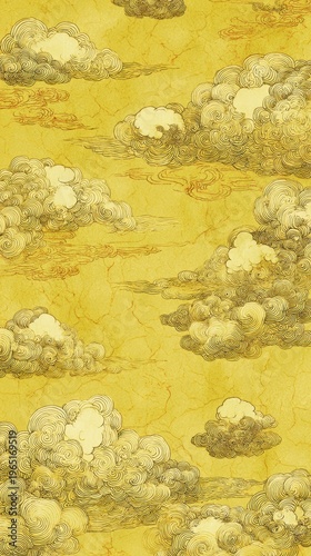 浮き彫り状の金の祥雲と唐草文様、伝統的な吉祥パターン