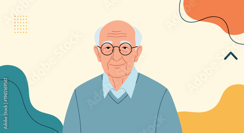 Portrait of a smiling elderly man with glasses and a blue sweater on a light yellow background with abstract shapes.