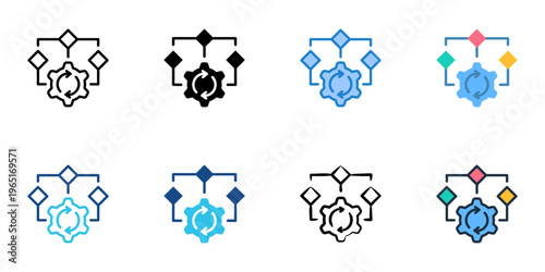 Workflow automation icons set multiple style collection. Editable stroke 
