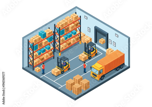 Isometric 3D view vector illustration of logistics warehouse with high storage racks, forklifts and workers handling pallet shipments in distribution center