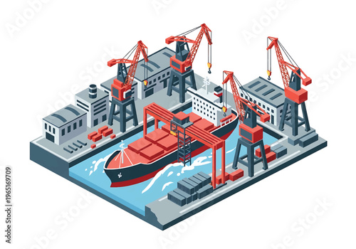 Isometric 3D view vector illustration of shipyard with cargo ship under construction, cranes and dock workers in organized maritime industrial port facility