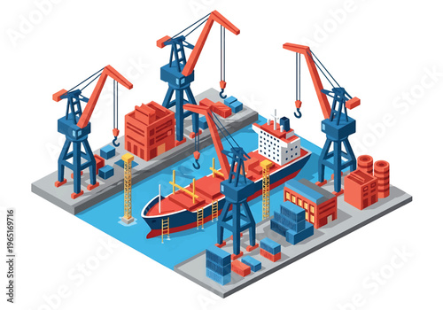 Isometric 3D view vector illustration of shipyard with cargo ship under construction, cranes and dock workers in organized maritime industrial port facility