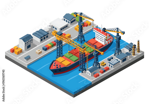 Isometric 3D view vector illustration of shipyard with cargo ship under construction, cranes and dock workers in organized maritime industrial port facility