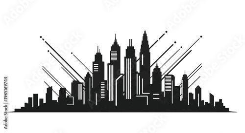 Monochrome cityscape skyline silhouette radiates dynamic lines outward dramatically.