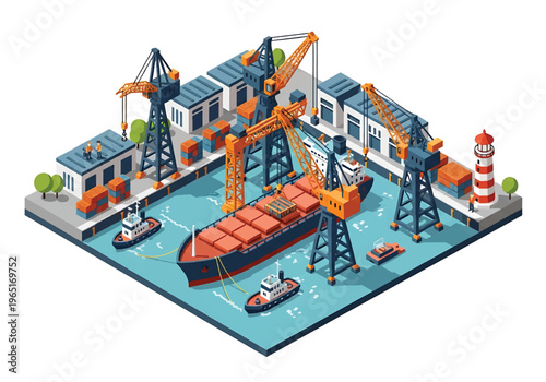 Isometric 3D view vector illustration of shipyard with cargo ship under construction, cranes and dock workers in organized maritime industrial port facility