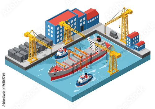 Isometric 3D view vector illustration of shipyard with cargo ship under construction, cranes and dock workers in organized maritime industrial port facility