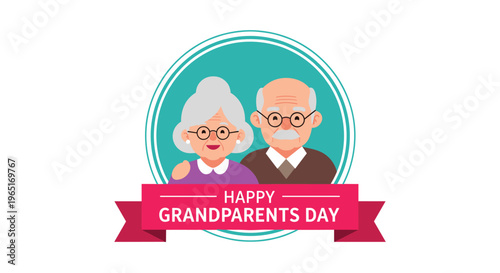 Happy Grandparents Day badge with a cute elderly couple inside a circular frame decorated with a bright pink ribbon.