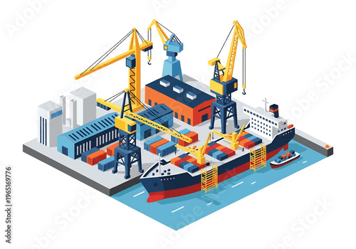 Isometric 3D view vector illustration of shipyard with cargo ship under construction, cranes and dock workers in organized maritime industrial port facility