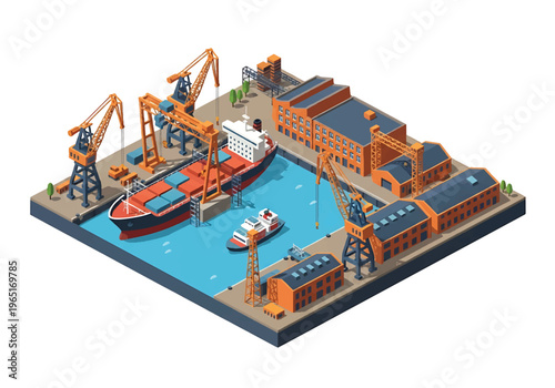 Isometric 3D view vector illustration of shipyard with cargo ship under construction, cranes and dock workers in organized maritime industrial port facility