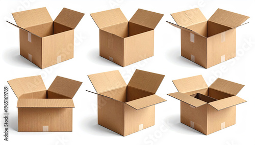 Set of six open cardboard boxes on a white background