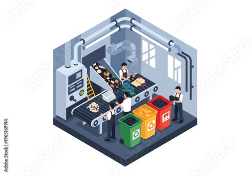 Isometric 3D view vector illustration of recycling plant with sorting conveyor, workers separating materials and organized environmental industrial facility