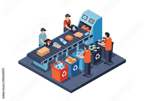 Isometric 3D view vector illustration of recycling plant with sorting conveyor, workers separating materials and organized environmental industrial facility