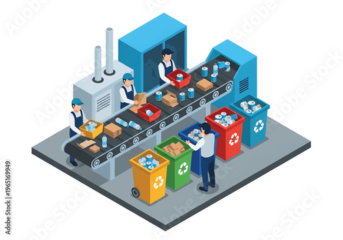 Isometric 3D view vector illustration of recycling plant with sorting conveyor, workers separating materials and organized environmental industrial facility