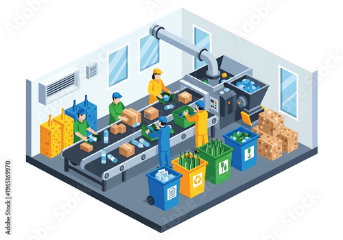 Isometric 3D view vector illustration of recycling plant with sorting conveyor, workers separating materials and organized environmental industrial facility
