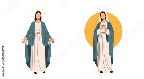 Illustration of the Virgin Mary standing in two different poses with a golden halo and blue robes on white background.