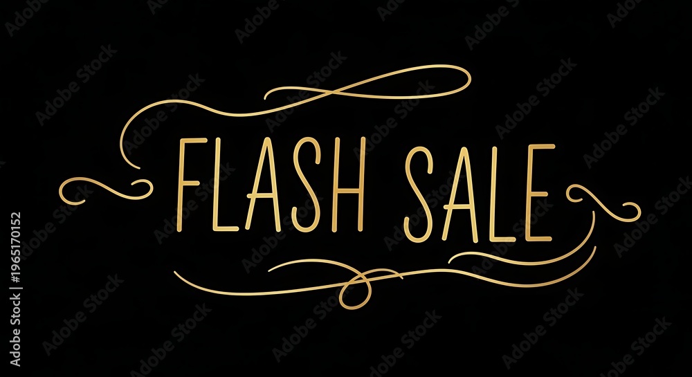 Obraz premium Elegant golden 'Flash Sale' text with decorative flourishes on a black background, perfect for promotional events.