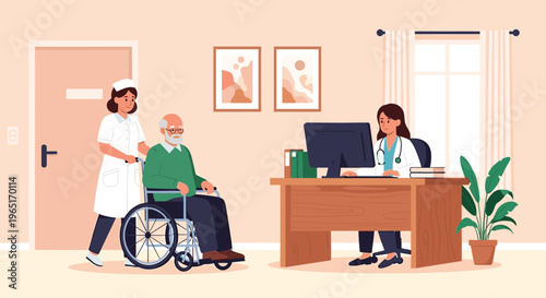 Elderly man in a wheelchair having a medical consultation with a nurse and female doctor in a bright modern clinic office.
