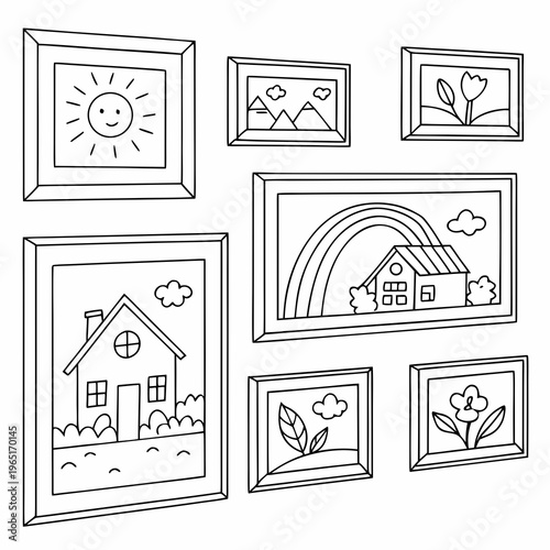 Cute Kids' Art Gallery Wall with Framed Drawings Coloring Page