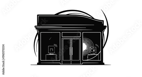 Storefront building facade features two computer monitors displaying wireless signals.