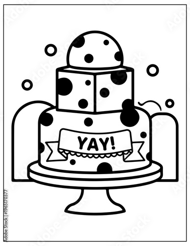 Polka dot cake, birthday celebration, vector illustration, black and white
