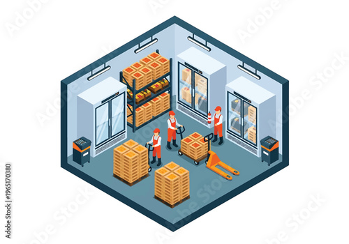 Isometric 3D view vector illustration of cold storage warehouse with refrigerated rooms, stacked food pallets and workers handling logistics operations