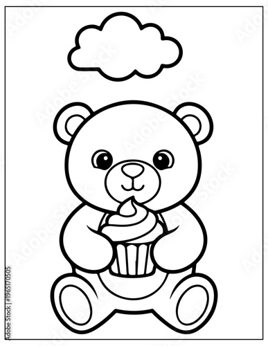 Cute Teddy Bear, Cartoon Illustration, Black and White Coloring Page, Vector Graphic