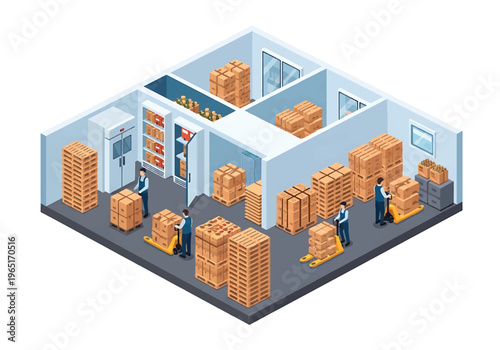Isometric 3D view vector illustration of cold storage warehouse with refrigerated rooms, stacked food pallets and workers handling logistics operations