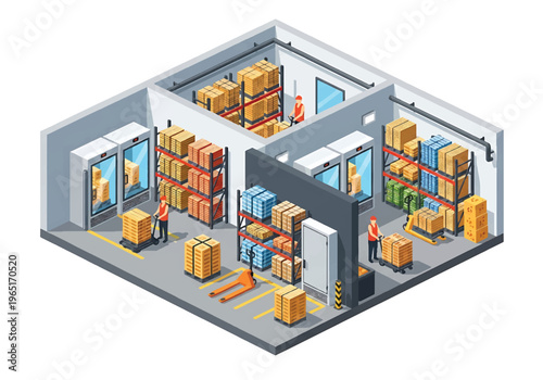 Isometric 3D view vector illustration of cold storage warehouse with refrigerated rooms, stacked food pallets and workers handling logistics operations