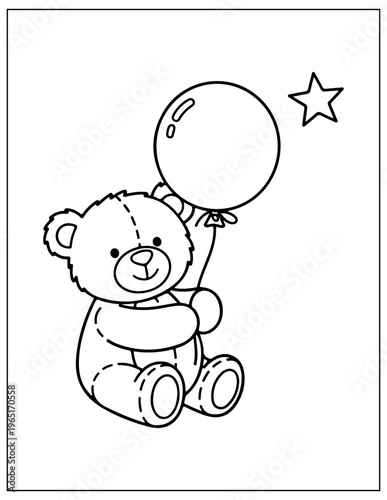 Coloring book teddy bear, balloon, star, black and white illustration, kids activity, vector drawing