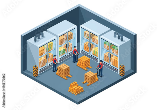 Isometric 3D view vector illustration of cold storage warehouse with refrigerated rooms, stacked food pallets and workers handling logistics operations