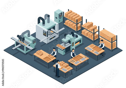 Isometric 3D view vector illustration of furniture manufacturing factory with woodworking machines, assembly tables and stacked wooden boards in industrial workshop