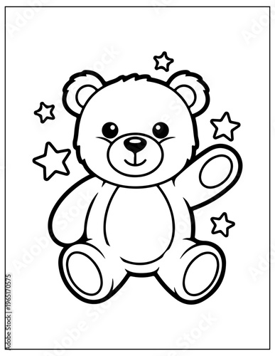 Cute teddy bear illustration, black and white coloring page, cartoon character, starry background