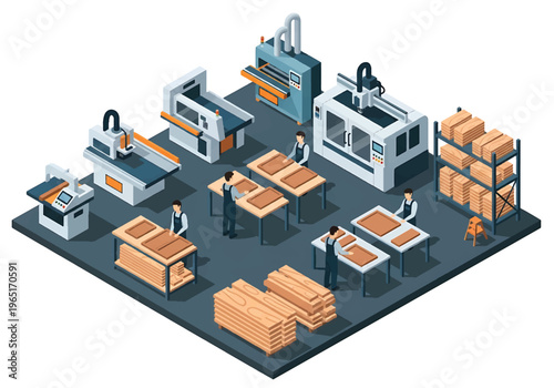 Isometric 3D view vector illustration of furniture manufacturing factory with woodworking machines, assembly tables and stacked wooden boards in industrial workshop