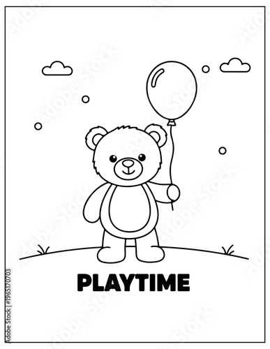 Playtime teddy bear, cartoon illustration, coloring page, black and white