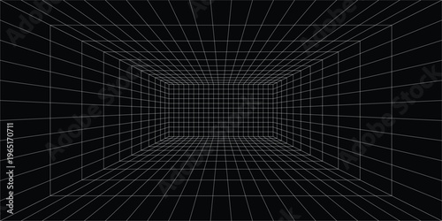 Futuristic perspective grid box. Abstract wireframe with white grid line on black background. Virtual reality landscape in 80s 90s digital style. Vector