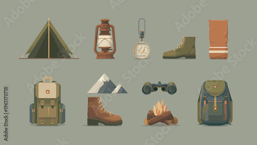 A flat illustration depicts various camping equipment on a plain background.