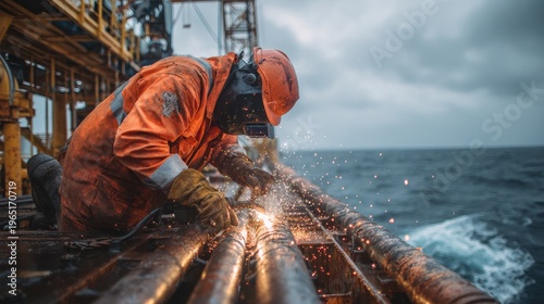 Industrial welder working on oil rig platform offshore