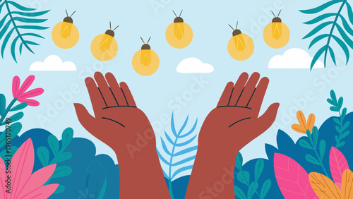 Vibrant flat illustration of hands releasing fireflies into a lush tropical garden with foliage and flowers